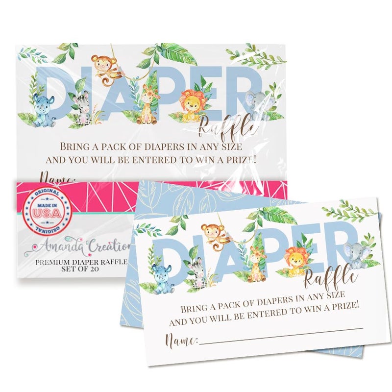 Amanda Creation Watercolor Jungle Animals Diaper Raffle Tickets for Boy Baby Showers, 20 2" X 3â€ Double Sided Insert Cards for Games by AmandaCreation, Bring a Pack of Diapers to Win Favors & Prizes! - Image 1